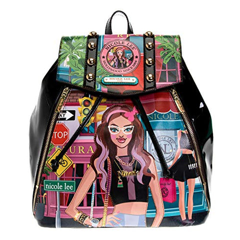 Studded Printed Glossy Backpack with Back Zipper Pocket and Adjustable Strap