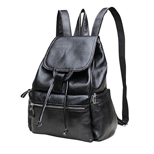 ABage Women's Genuine Leather Backpack Classic Casual School Buckle Flap Backpack, Black1