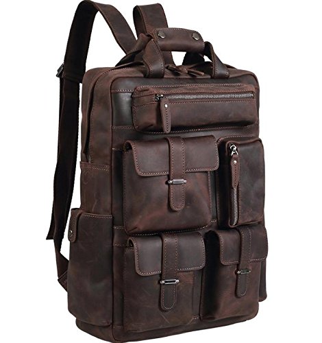Polare Mens Handcrafted Real Leather Vintage Laptop Backpack Shoulder Bag Travel Bag Large