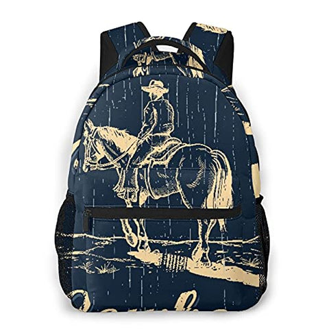 Casual Backpack,Hand Drawn Of Cowboy Riding Horse On A W,Business Daypack Schoolbag For Men Women Teen