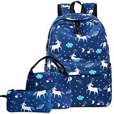 Hey Yoo 3pcs Laptop Backpack 3 Pieces Casual Hiking Daypack Bookbag School Bag Backpack Sets for Girls Women (Blue Unicorn)