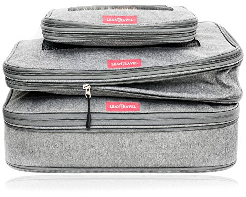LeanTravel Compression Packing Cubes Luggage Organizers for Travel W/Double Zipper (3) Set (Grey)