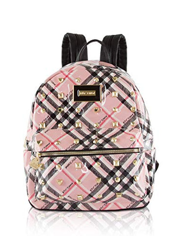 Betsey Johnson Plaid Patent Stud Medium Backpack - Blush Multi