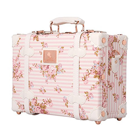 Unitravel Vintage Suitcase PU Leather Small Floral Box with Straps Carry on 12"