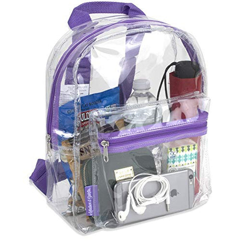 Water Resistant Clear Mini Backpacks for School, Beach - Stadium Approved Bag with Adjustable Straps (Purple)