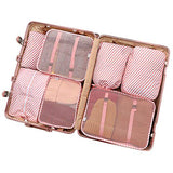 Luggage Organizer, Packing Cubes For Travel With Shoes Bags, Compression Cells, Accessories Bags Made With Wearable Waterproof Material. Perfect for Travel, Long Trips, Camping (Pink Stripe - 7 PCS)