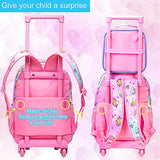 4PCS Rolling Backpack for Girls, Wheeled Kids Unicorn Bookbag