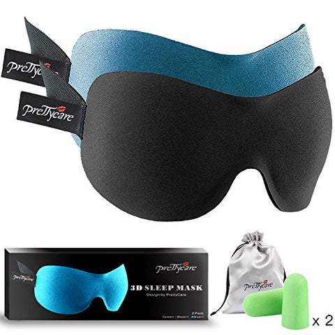 3D Sleep Mask (New Design by PrettyCare with 2 Pack) Eye Mask for Sleeping - Contoured Eyemask for Airplane with EarPlugs & Yoga Silk Bag for Travel - Best Night Blindfold Eyeshade for Men Women Kids