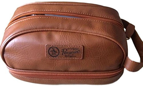 PENGUIN Men's Light Brown Faux Leather Toiletry Travel Kit Case Bag