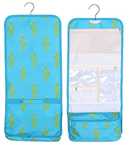Hanging Toiletry Cosmetic Organizer Bag - Roll Up For Storage And Travel (Turquoise Cactus Print)