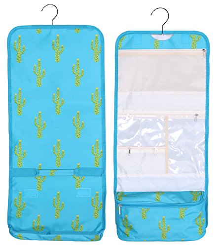 Hanging Toiletry Cosmetic Organizer Bag - Roll Up For Storage And Travel (Turquoise Cactus Print)