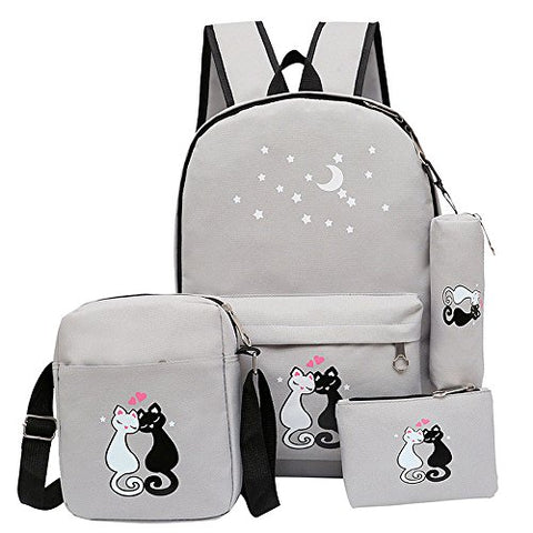 Fanci 4Pcs Cute Cat Prints Canvas School Rucksack Backpack Set for Girls Elementary Bookbag