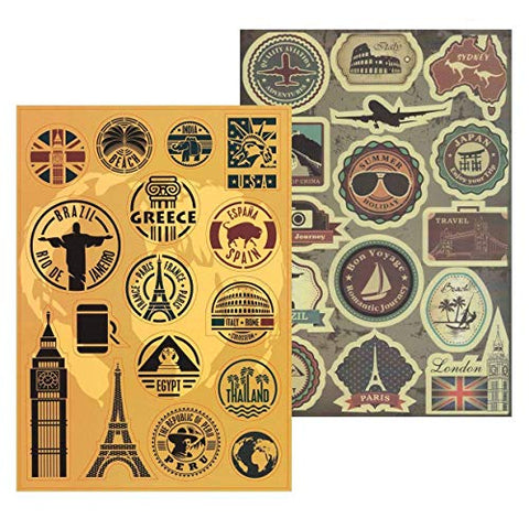 T&B 2PCS Multi Countries Retro Vintage Landmark Monument Travel Airline Plane Patterns Stickers