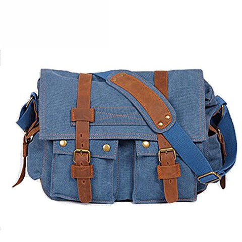 AUGUR Vintage Messenger Bag Military Leather Canvas Laptop Bag Messenger Bags (Blue)