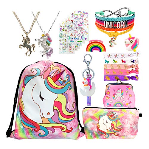 Unicorn Gifts for Girl Drawstring Backpack/Makeup Bag/Bracelet/Hair Ties/Unicorn Rubber Ring (Pink Unicorn)