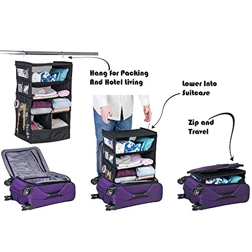 Navaris Hanging Travel Organizer Shelves - Portable Suitcase Packing Cube  for Clothes - Easy to Unpack Storage for Luggage and Carry On Bags - Black
