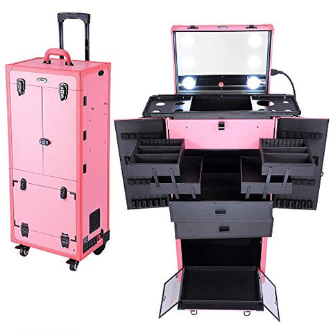 Aw Pink Rolling Makeup Case Pro Hair Stylist Barber Artists Case Multifunction Lighted Lockable