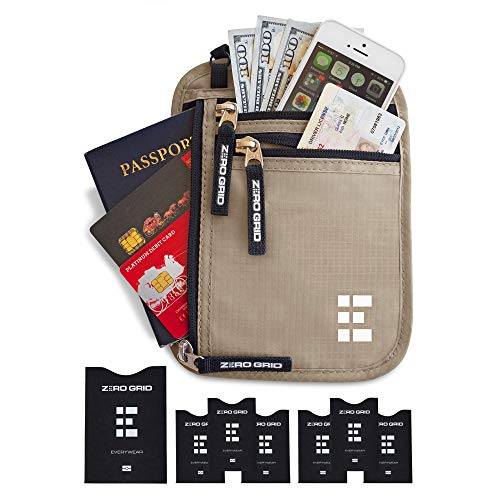 Zero Grid Neck Wallet w/RFID Blocking- Concealed Travel Pouch & Passport Holder (Desert Sand)
