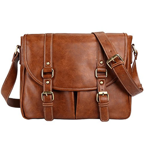 Men Travel Messenger Briefcase Schoolbag PU Leather Laptop Bag Coffee- Back to School