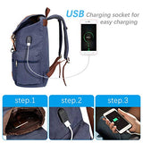 Modoker Vintage Rucksack Backpack for Women Men, Canvas Backpack Vintage College School Bookbag with USB Charging Port Fashion Vegan Leather Daypack Fits 16 Inch Notebook, Blue