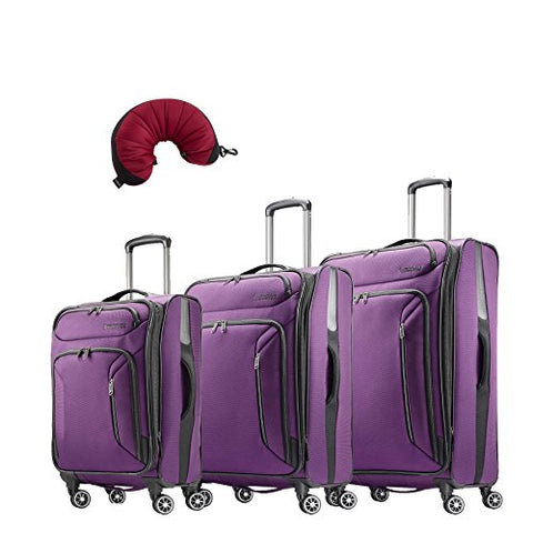 American Tourister Zoom 4 Piece Bundle | 21", 25", 28", Travel Pillow (Purple)