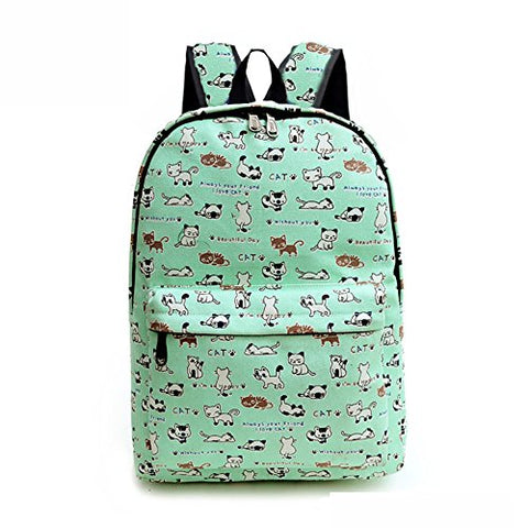 Travel Lightweight Canvas Cute Print Backpack Girls Women For School and Laptop (Green cat)