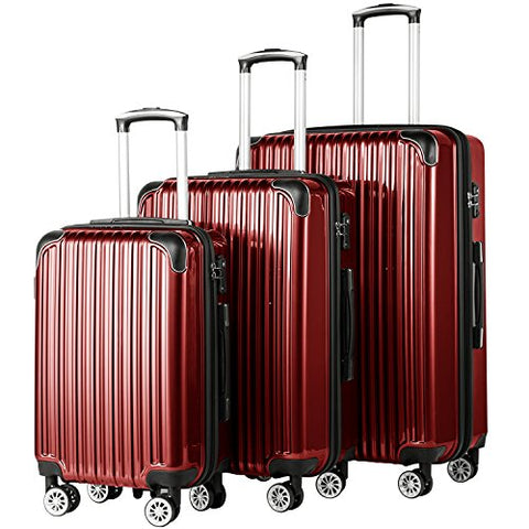 Coolife Luggage Expandable 3 Piece Sets PC+ABS Spinner Suitcase 20 inch 24 inch 28 inch (wine red)