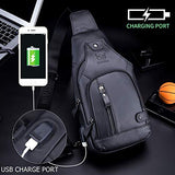 BULLCAPTAIN Men Sling Crossbody Bag with USB Charging Port Genuine Leather Shoulder Chest Bag Travel Hiking Backpack (Black)