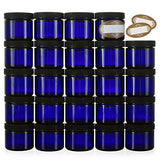 Pack of 24-2 Oz Small Glass Jars with Air-tight Lids - Empty Little Glass Refillable Cosmetic Containers with Labels - Cobalt Blue - BPA Free (24 Pack)