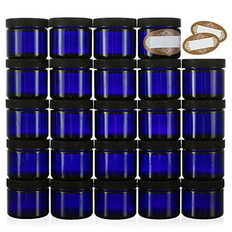 Pack of 24-2 Oz Small Glass Jars with Air-tight Lids - Empty Little Glass Refillable Cosmetic Containers with Labels - Cobalt Blue - BPA Free (24 Pack)