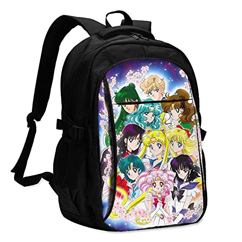 Anime Sai-lor Mo-on Laptop Backpack Bookbag with USB Charging Port for Women & Men School College Fits 15.6 Inch Laptop