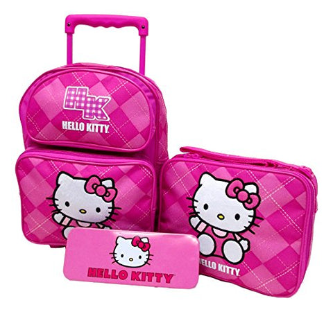 Hello Kitty Preschool Medium 12" Rolling Backpack Roller Wheeled Book Bag, Lunch Box & Pencil