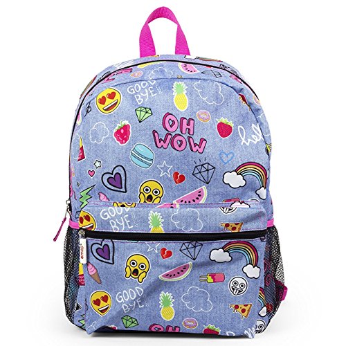 Fab Emoji Denim Sticker Backpack, 16" H X 12" W X 5" D