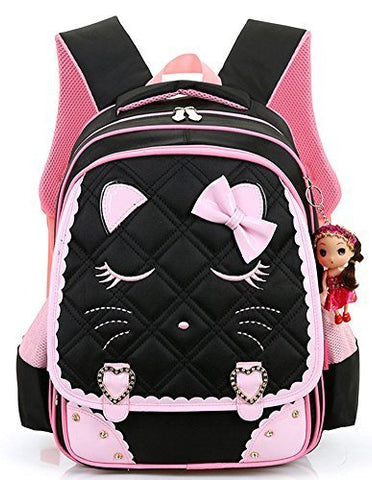 Efree Cute Cat Face Bow Diamond Bling Waterproof Pink School Backpack Girls Book Bag (Large, Black)