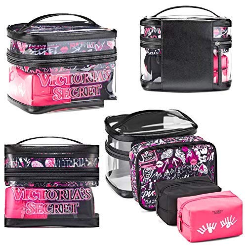 Victoria's Secret Train Case Travel Tote Clear Graffiti 4 Piece Set