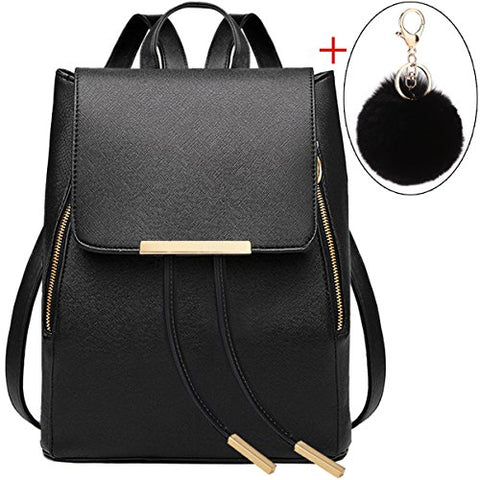 Coofit Black Faux Leather Backpack For Girls Schoolbag Casual Daypack (Black With Keychain)