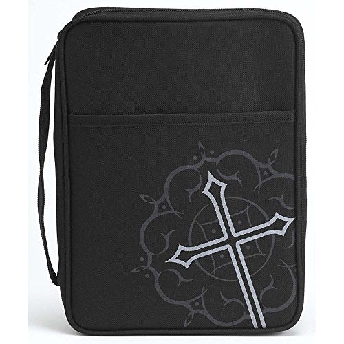 Black Medallion Cross And Pocket Large Nylon Bible Cover With Handle