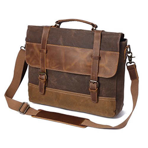 Men Messenger Bag Crazy Horse Leather Waxed Canvas Crossbody Khaki