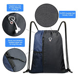 Drawstring Backpack Sports Gym Bag for Women Men Children Large Size with Zipper and Water Bottle Mesh Pockets (Black/Navy)