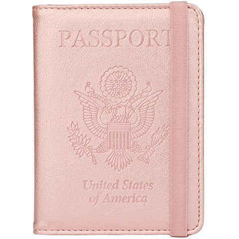 GDTK RFID Blocking Leather Passport Holder Cover Case Travel Wallet Elastic Strap (Rose Gold)