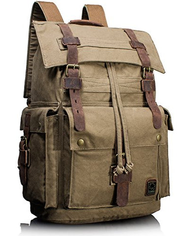 Leaper Vintage Canvas Leather Travel Rucksack Military Backpack Hiking Daypack Army Green