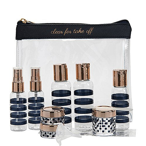 Miamica Travel Bottles Set – 15-teiliges Reise-Kit Mit TSA-konformen Flaschen & Toilettentasche (Clear/Rose Gold)