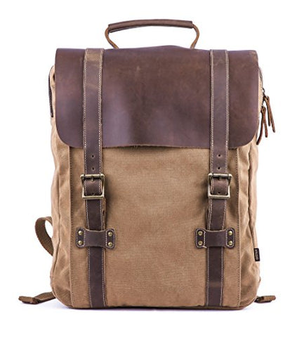Gootium Leather Canvas Backpack Vintage Rucksack Unisex 15.6" Laptop Bag, Coffee