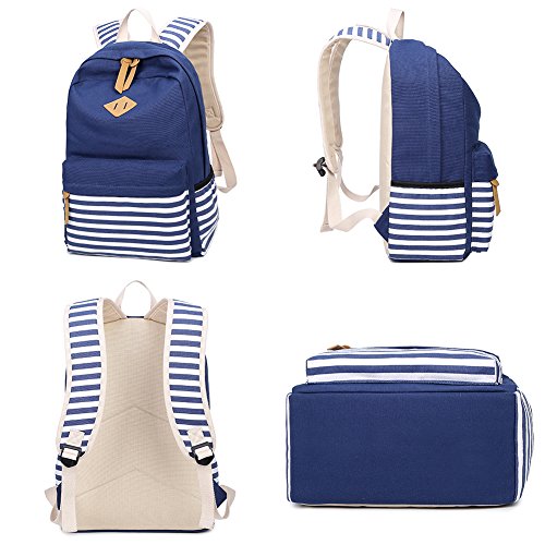 School Backpacks for Women Girls Lightweight Canvas Stripe Backpack Cute  Teen Bookpacks Set Bookbags+Insulated Lunch Bag+Pouch (Navy blue)