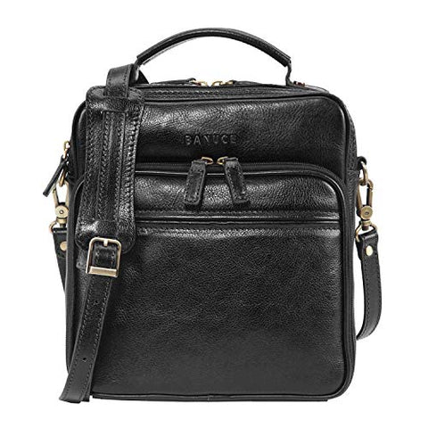 Banuce Small Black Full Grains Italian Leather Messenger Bag for Men Shoulder Crossbody Bag