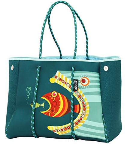 QOGiR Neoprene Multipurpose Beach Bag Tote with Inner Zipper Pocket (Fish, X-Large)