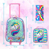 4PCS Rolling Backpack for Girls, Wheeled Kids Unicorn Bookbag