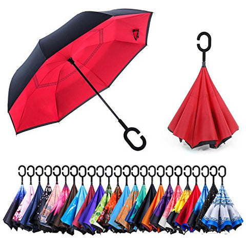 Amago Inverted Umbrella - Reverse Double Layer Long Umbrella, C-Shape Handle & Self-Stand To