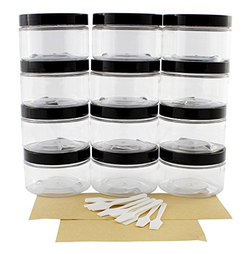 Cornucopia 4oz Clear Plastic Jars with Labels & Spatulas & Lids (12-Pack);  Straight Sided PET BPA-Free Containers Great for Cosmetics, Kitchen & Gifts