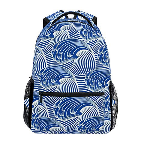 Stylish Vintage Japanese Waves Backpack- Lightweight School College Travel Bags, ChunBB 16" x 11.5" x 8"